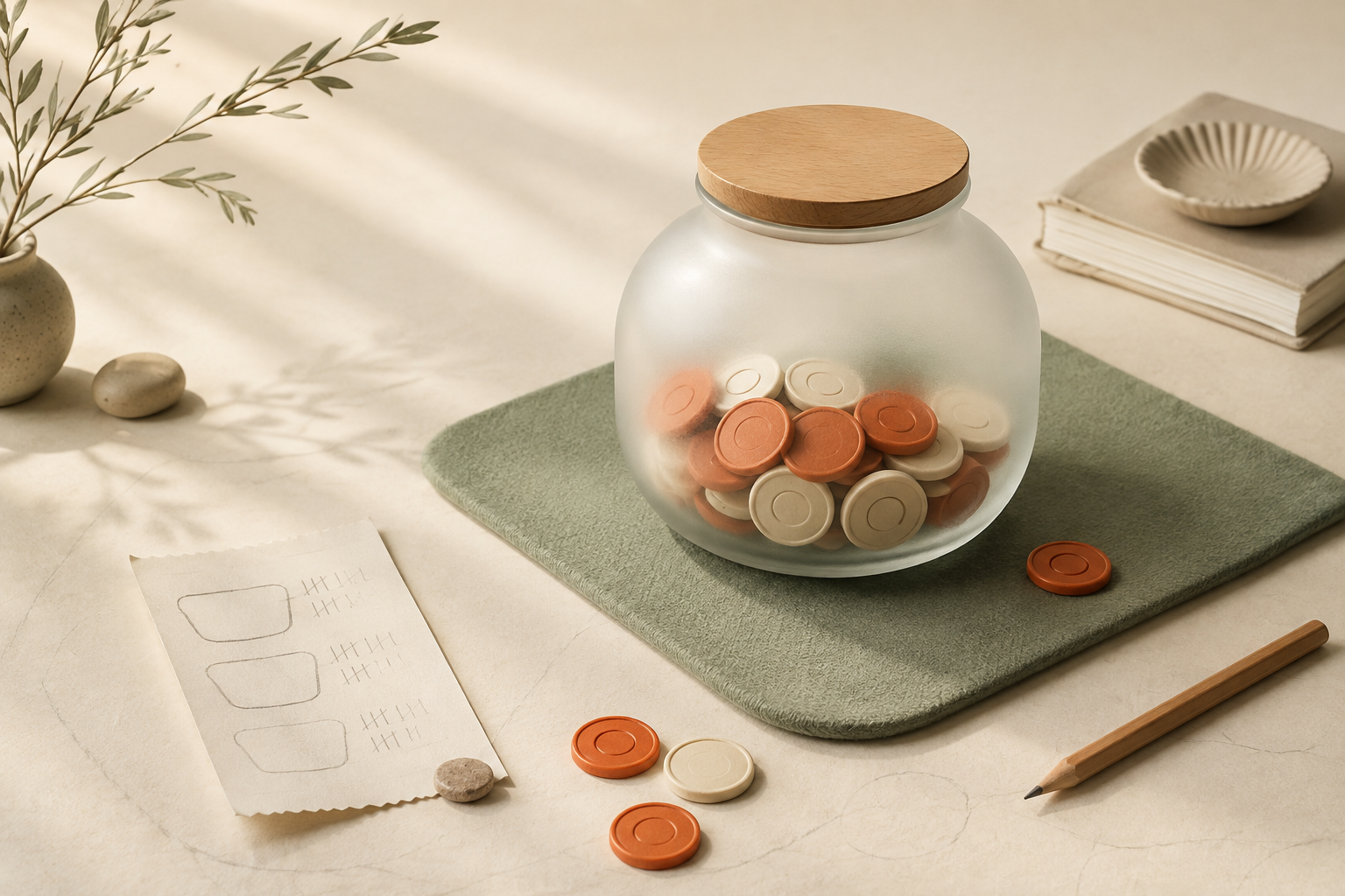 A translucent savings jar, little coins and paper notes on a softly lit everyday desk